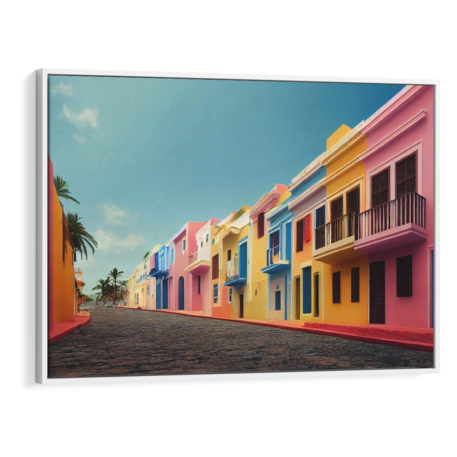 Obraz w ramie 100x70 - Ekspresja marzeń i tęsknot - pastelowe kolorowe budynki, wzdłuż ulicy - rama biała