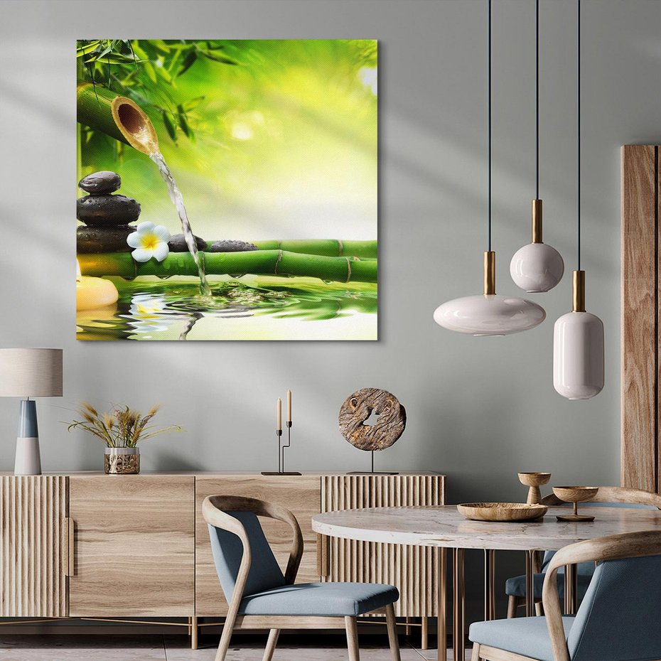 Obraz na płótnie 60x60 - Harmonia natury: Bambus, woda, kamienie - bambus, woda