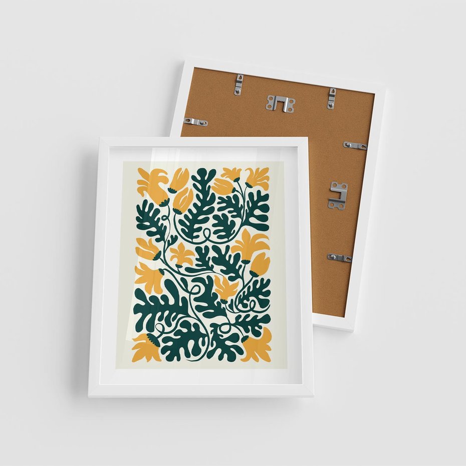 Plakat w ramie 40x50 - Impulsy Kreatywności - abstrakcyjne żółte kwiaty, kompozycja - rama biała