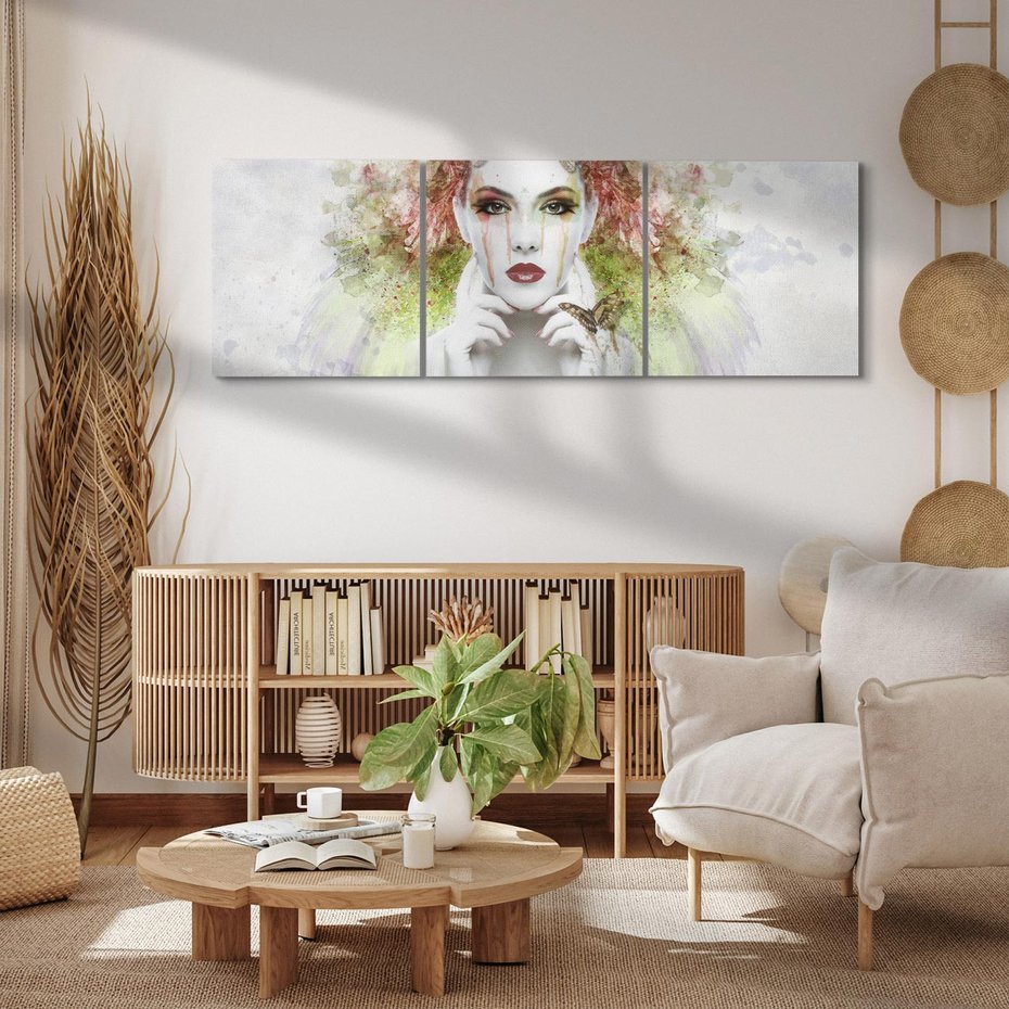 Obraz na płótnie 90x30 - Abstrakcyjna Ekspresja - Twarz w Kwiatowym Wirze - abstrakcja, twarz