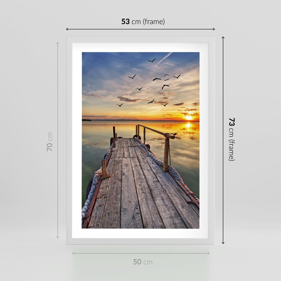Plakat w ramie 50x70 - Spokojny pomost nad jeziorem - pomost, jezioro - rama biała