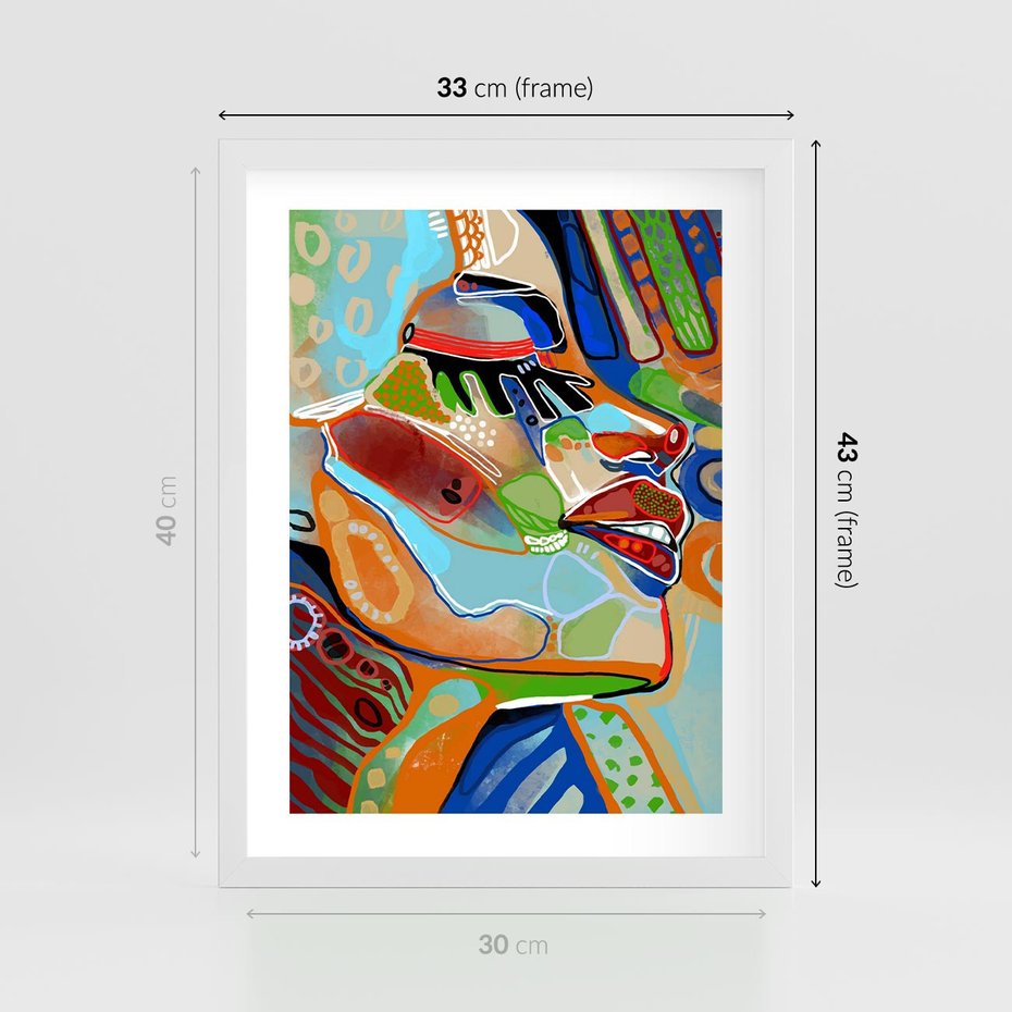 Plakat w ramie 30x40 - Kolorowe Wnętrza Kształtów - abstrakcyjny portret kobiety, twarz - rama biała