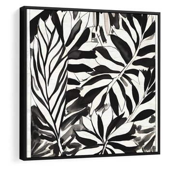 Obraz w ramie 50x50 - Czarne Liście - akwarelowy obraz, czarno biały - rama czarna