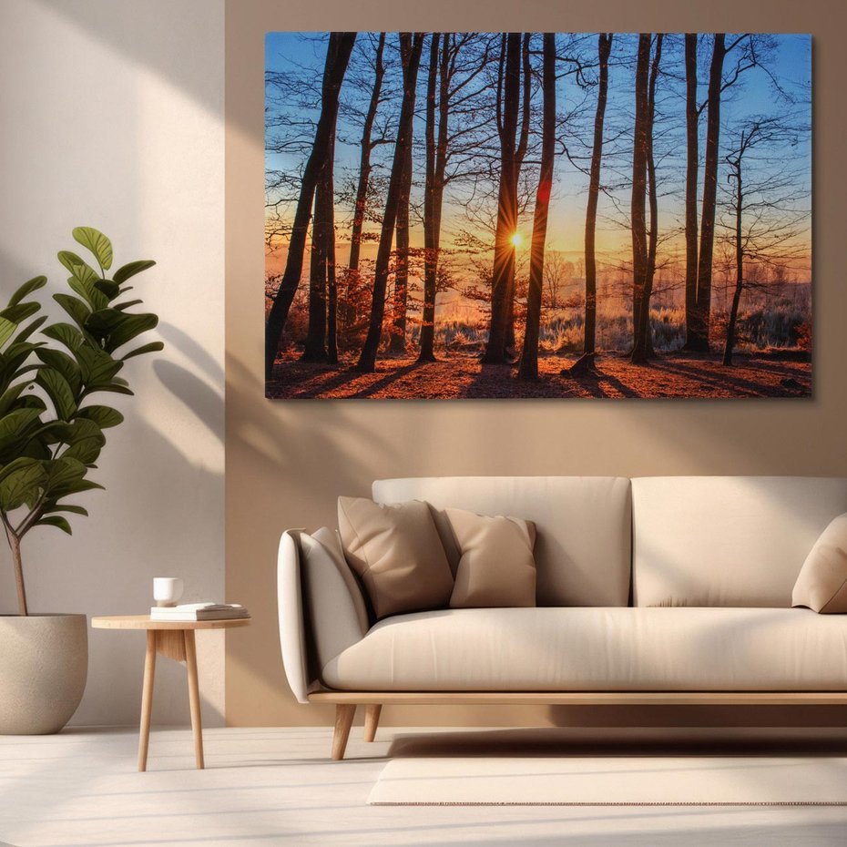 Obraz na płótnie 120x80 - Zachód słońca w jesiennym lesie - zachód słońca,