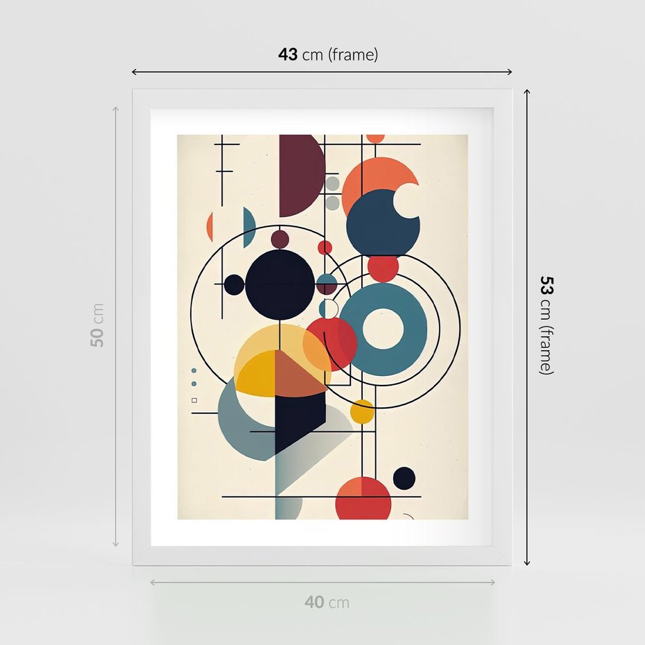 Plakat w ramie 40x50 - Rozbijające Barwne Granice - abstrakcyjna geometryczna kompozycja, koła linie - rama biała