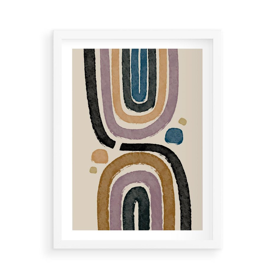 Plakat w ramie 50x70 - Taniec Przenikających Kształtów - abstrakcyjne tęcze, kompozycja - rama biała
