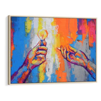 Obraz w ramie 120x80 - Refrakcje wewnętrznego światła - abstrakcyjne dzieło, dłoń trzyma żarówkę - rama drewno