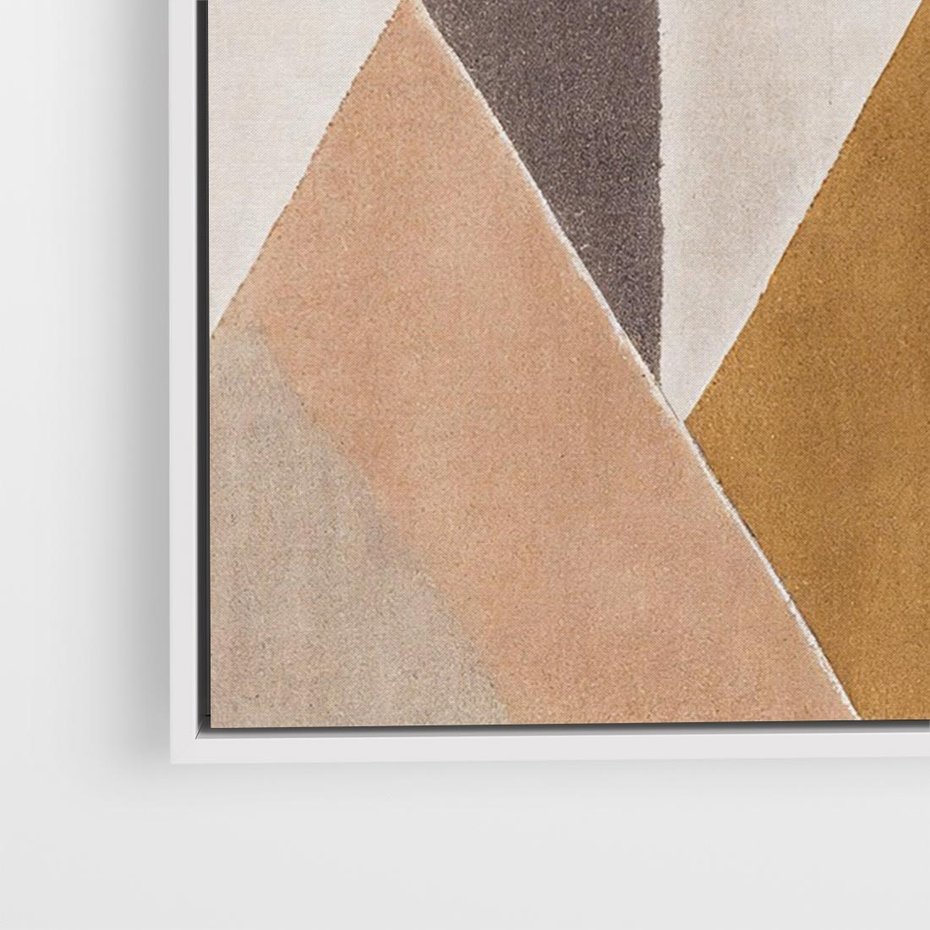 Obraz w ramie 100x70 - Odblaski niespełnionych marzeń - kompozycja z trójkątów, mix kolorów ziemi - rama biała