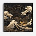 Obraz w ramie 50x50 - Złote Piękno - ciemny obraz, fala morska - rama czarna