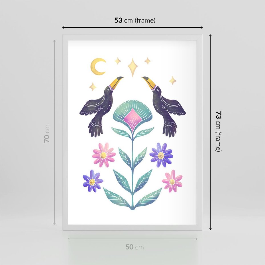 Plakat w ramie 50x70 - Przenikająca Dżungla - boho plakat, tukany - rama biała