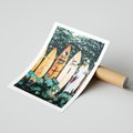 Plakat bez ramy 21x30 - Surfowanie w Harmonii z Naturą - deski surfingowe, oparte o rośliny