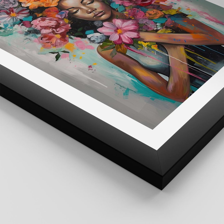 Plakat w ramie 40x50 - Z Głową w Kwiatach - obraz olejny, sztuka nowoczesna - rama czarna