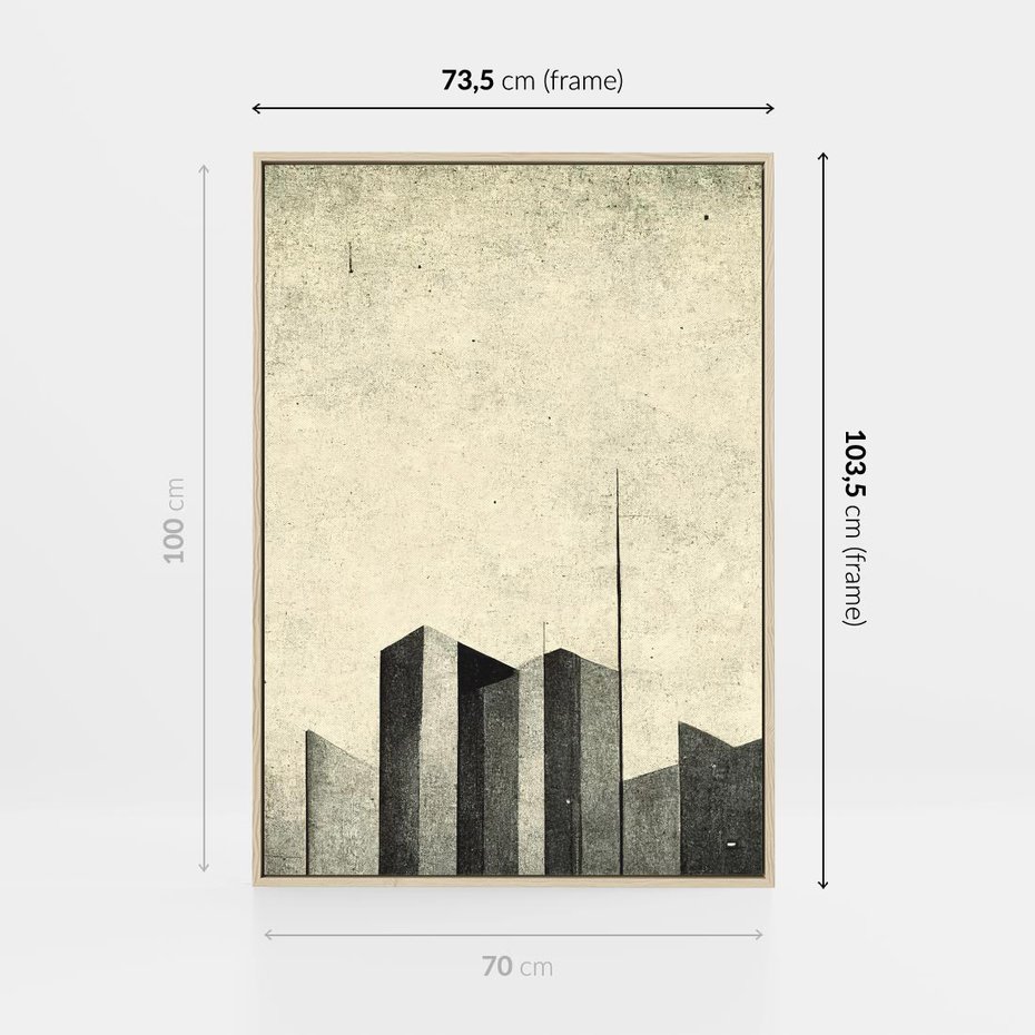 Obraz w ramie 70x100 - Mroczne Wieżowce - postarzana grafika, perspektywa budynków wieżowców - rama drewno