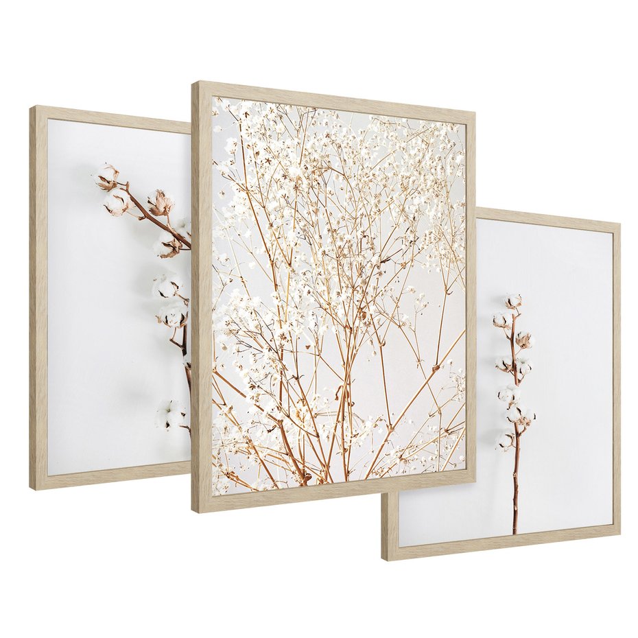 Zestaw obrazy w ramie 50x70 galeria - Gipsówka, bawełna, kwiaty, susz - rama drewno
