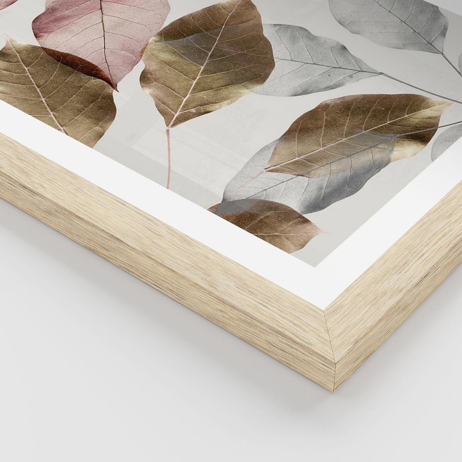 Plakat w ramie 30x40 - Pastelowe Liście z Nutką Złota - liście, pastelowe kolory - rama drewno