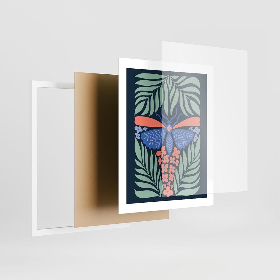 Plakat w ramie 40x50 - Granatowa Noc - granatowe tło, abstrajcyjna ćma - rama biała