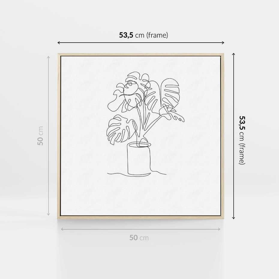 Obraz w ramie 50x50 - Tajemnicza Harmonia - sztuka one line, monstera - rama drewno