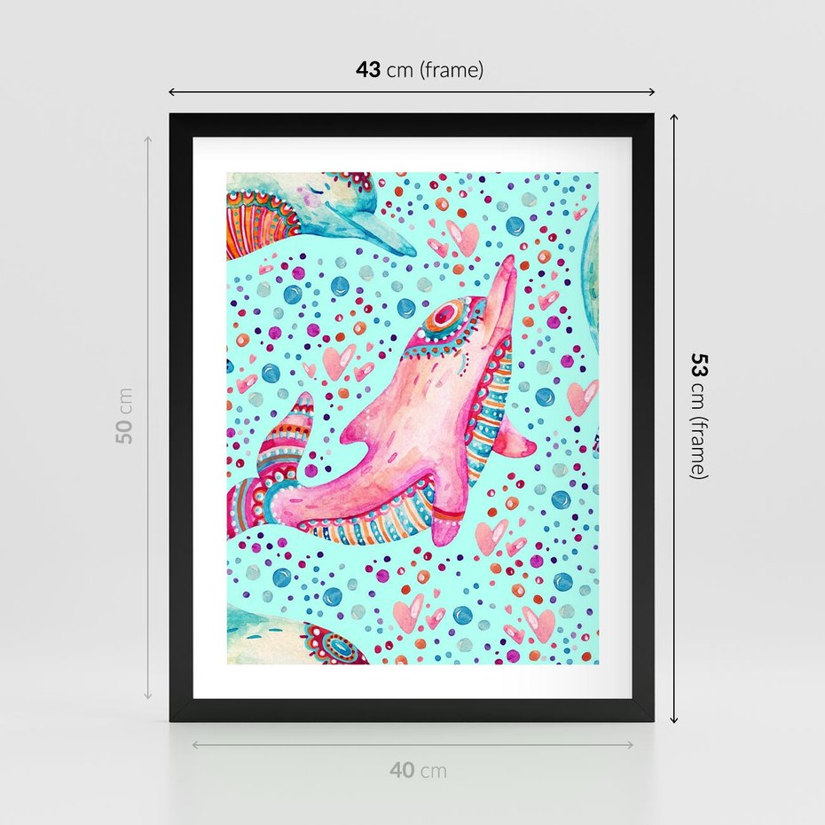 Plakat w ramie 40x50 - Lekkość W Ruchu - delfin, akwarela - rama czarna