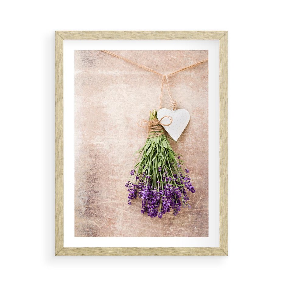 Plakat w ramie 50x70 - Romantyczny urok - lawenda, bukiet - rama drewno