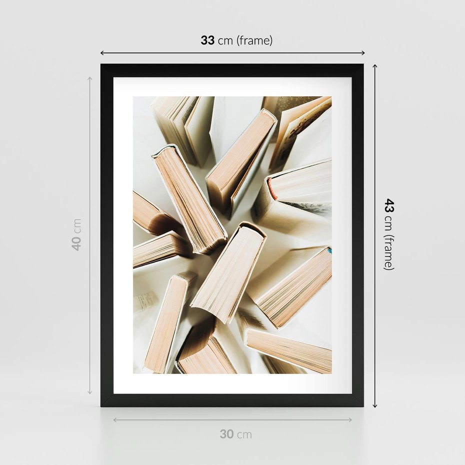 Plakat w ramie 30x40 - Odcienie Wiedzy - książki, ujęcie z góry - rama czarna