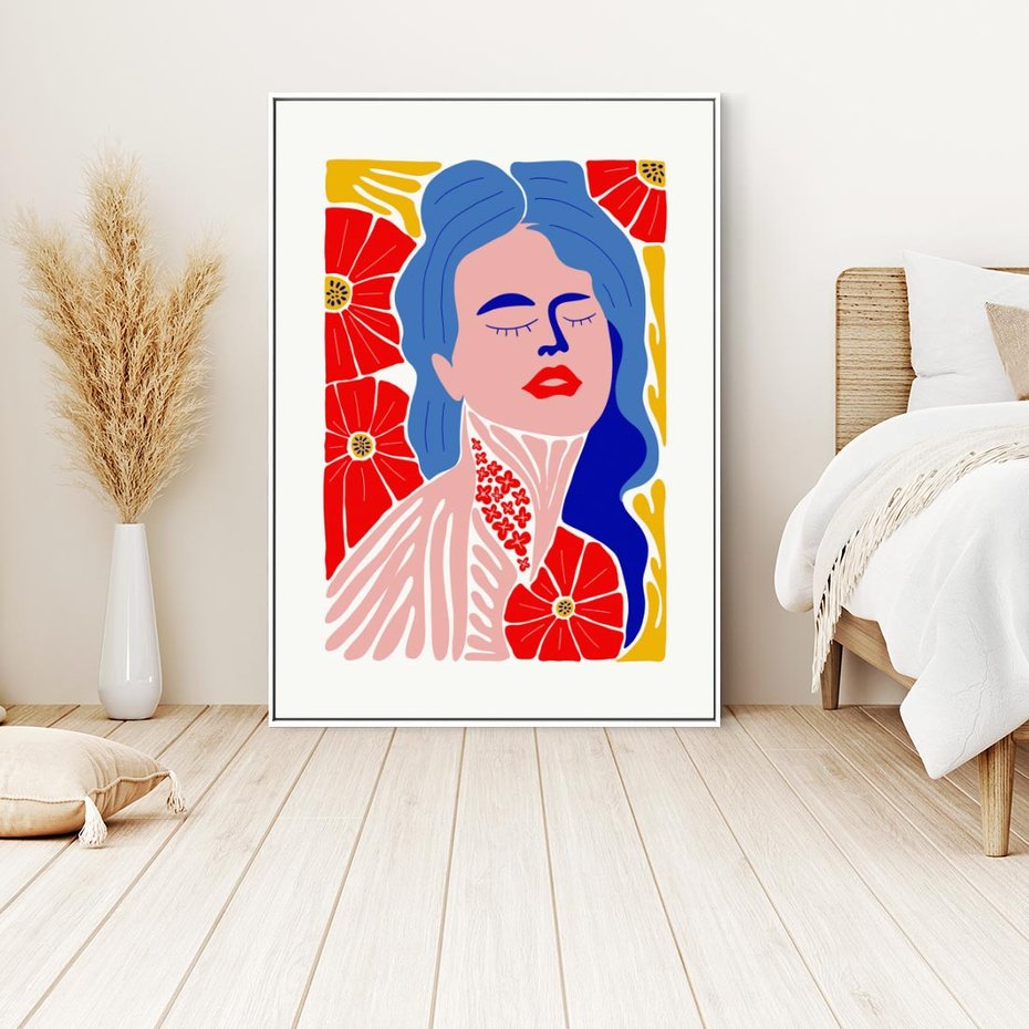 Obraz w ramie 50x70 - Nowoczesna Twarz - nowoczesna grafika, kolorowa twarz kobiety - rama biała