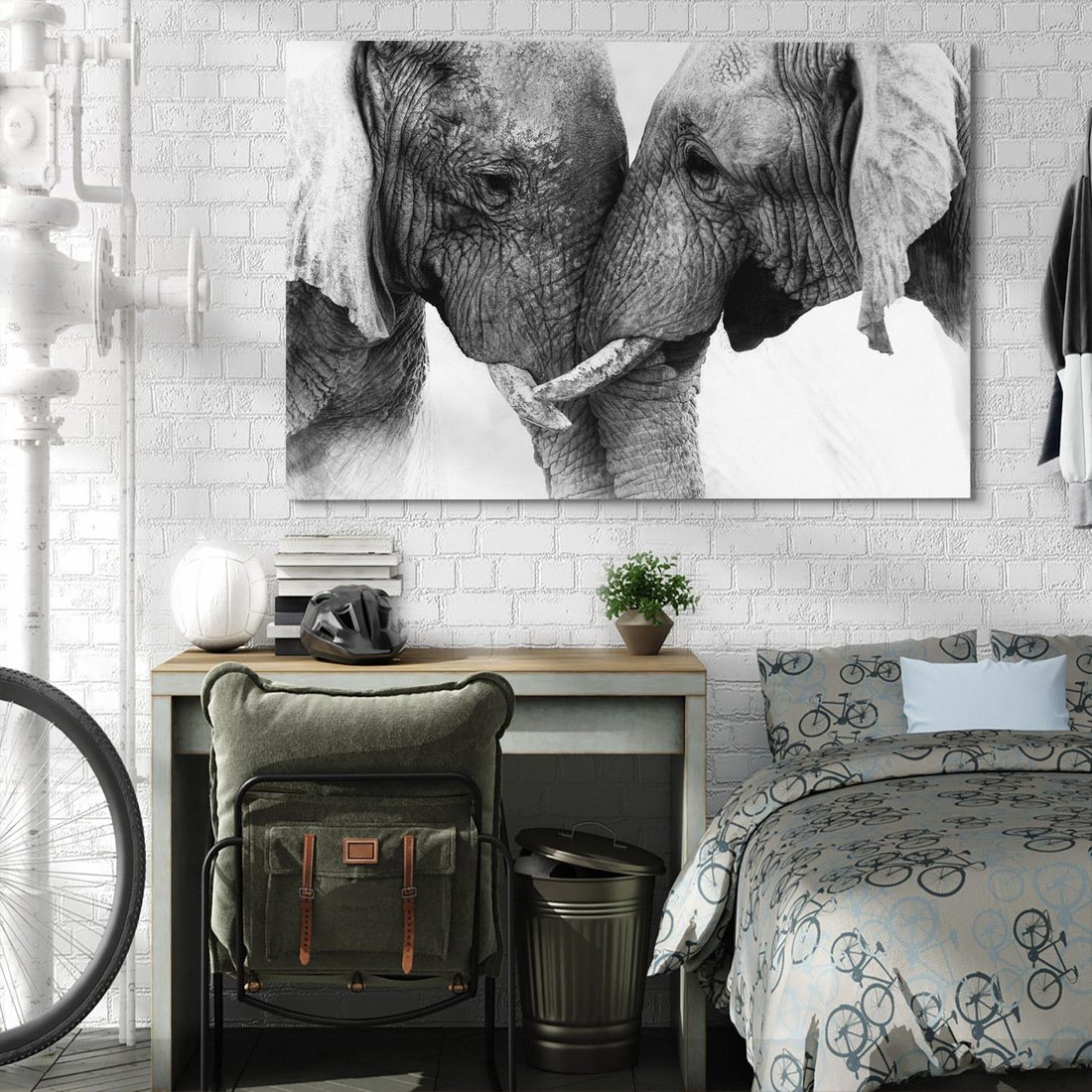Obraz na płótnie 70x50 - Spotkanie Mądrości - fotografia czarno biała, dwa słonie