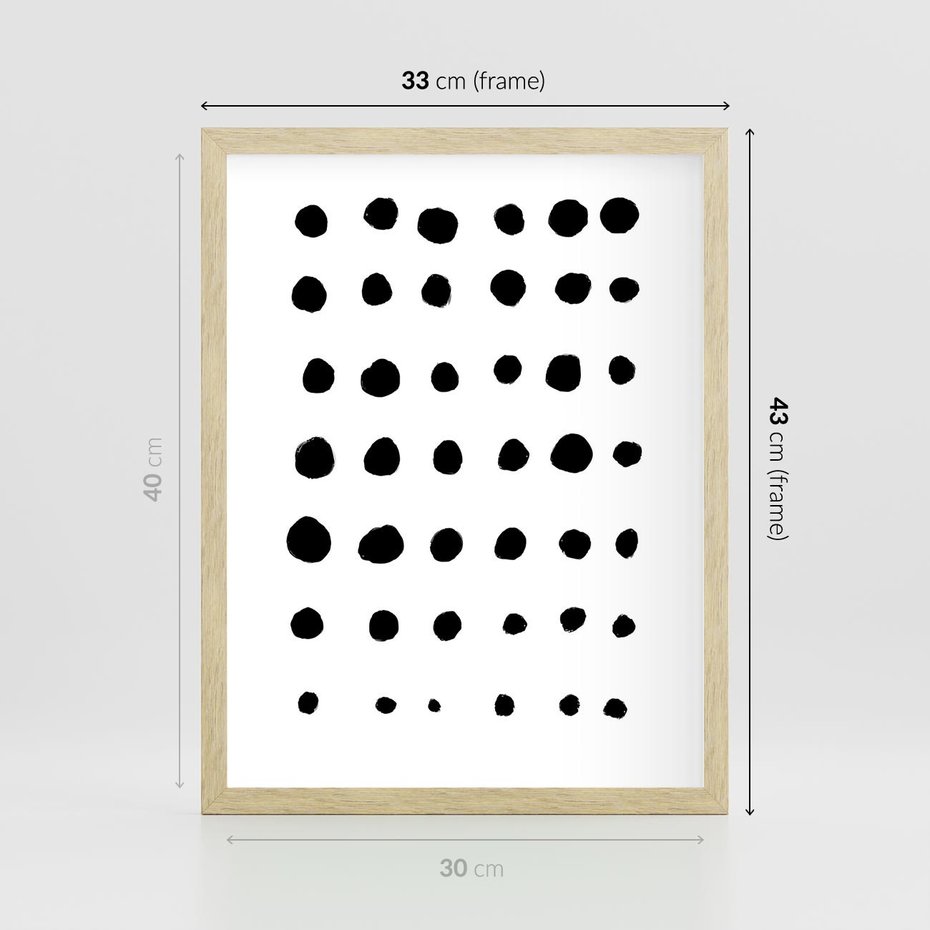 Plakat w ramie 30x40 - Migocące Anomalie - abstrakcyjna kompozycja z czarnych kropek, minimalistyczny czarno bialy plakat - rama drewno