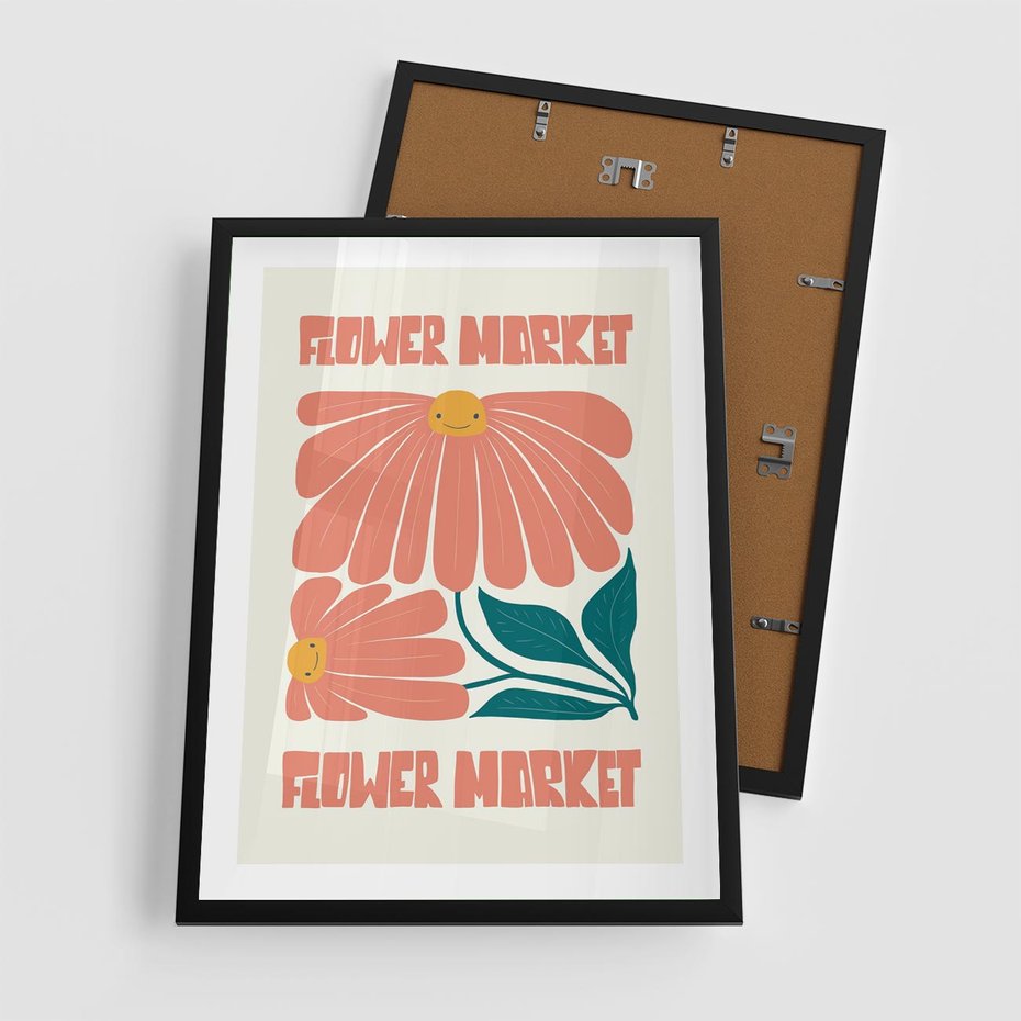 Plakat w ramie 50x70 - Grafika Pełna Radości - wesoła grafika, uśmiechnięte kwiaty - rama czarna