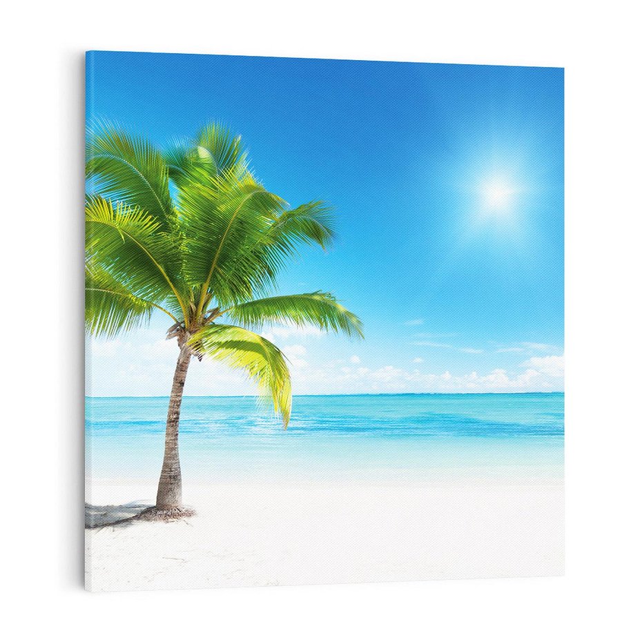 Obraz na płótnie 40x40 - Wakacyjne uniesienie: plaża i palma - plaża, morze