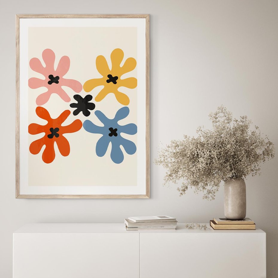 Plakat w ramie 40x50 - Taniec Akwareli - abstrakcyjne wielokolorowe kwiaty, minimalizm - rama drewno