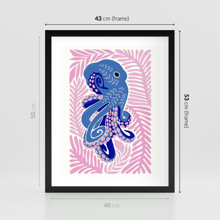 Plakat w ramie 40x50 - Rozkwitające marzenia - abstrakcyjna kompozycja, niebieska ośmiornica wśród różowej roślinnośći - rama czarna