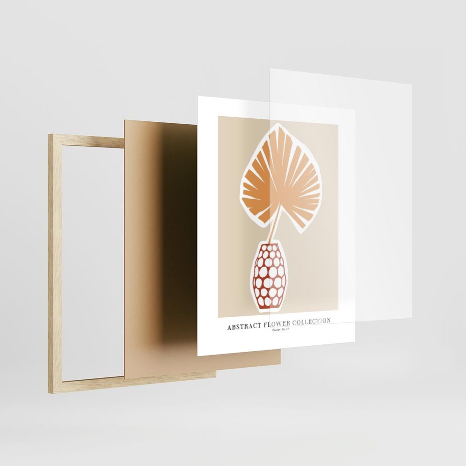 Plakat w ramie 40x50 - Kwiatowa Kreatywność - tropikalny liść w wazonie, typografia - rama drewno