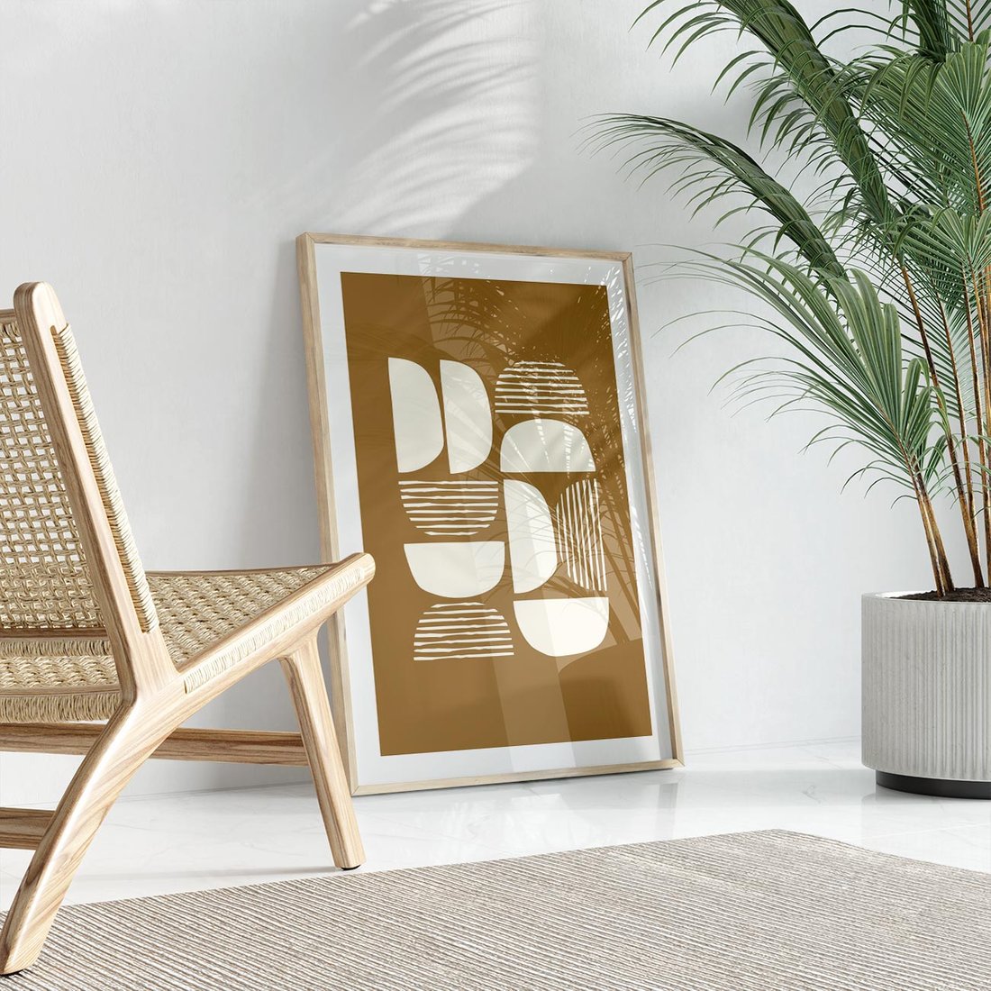 Plakat w ramie 30x40 - Wewnętrzne Spektrum - geometryczne boho kształty na brązowym, karmelowym tle - rama drewno