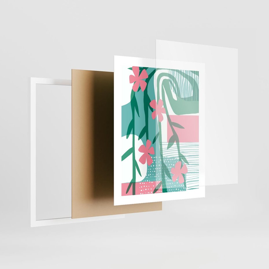 Plakat w ramie 40x50 - Rozkwitające Harmonie Form - abstrakcyjne pastelowe kwiaty, nowoczesna sztuka - rama biała