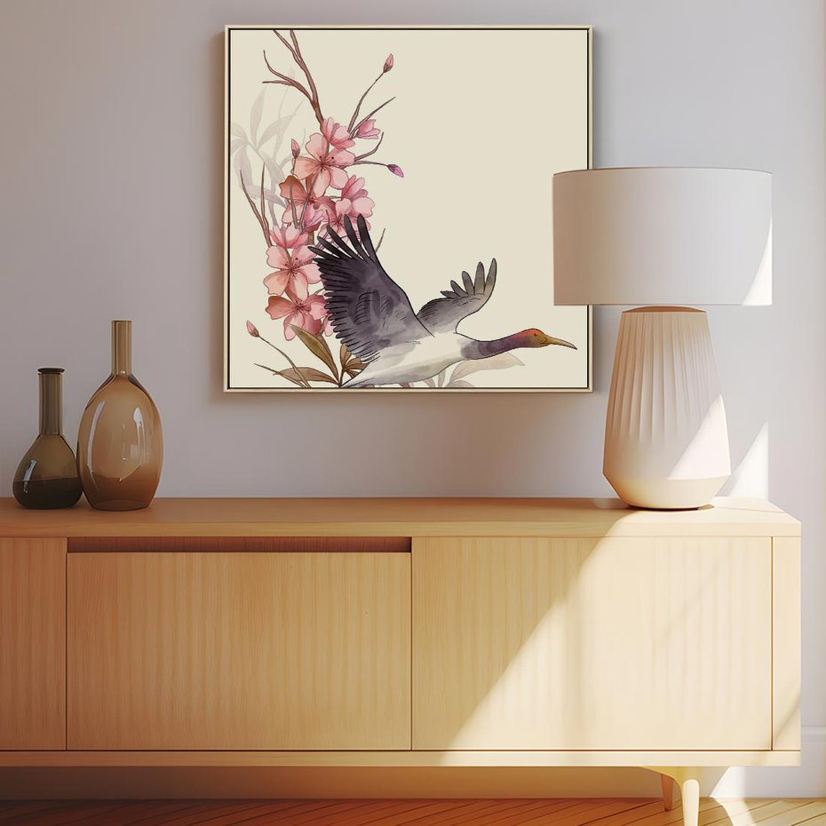 Obraz w ramie 50x50 - Szept Japonii - japońska sztuka, ptak - rama drewno