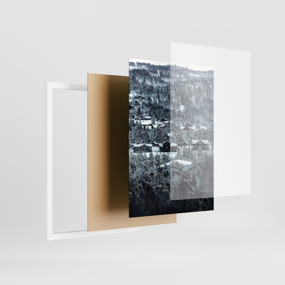 Zestaw obrazy w ramie 30x40 galeria - Norweskie, domki, góry, zima - rama biała