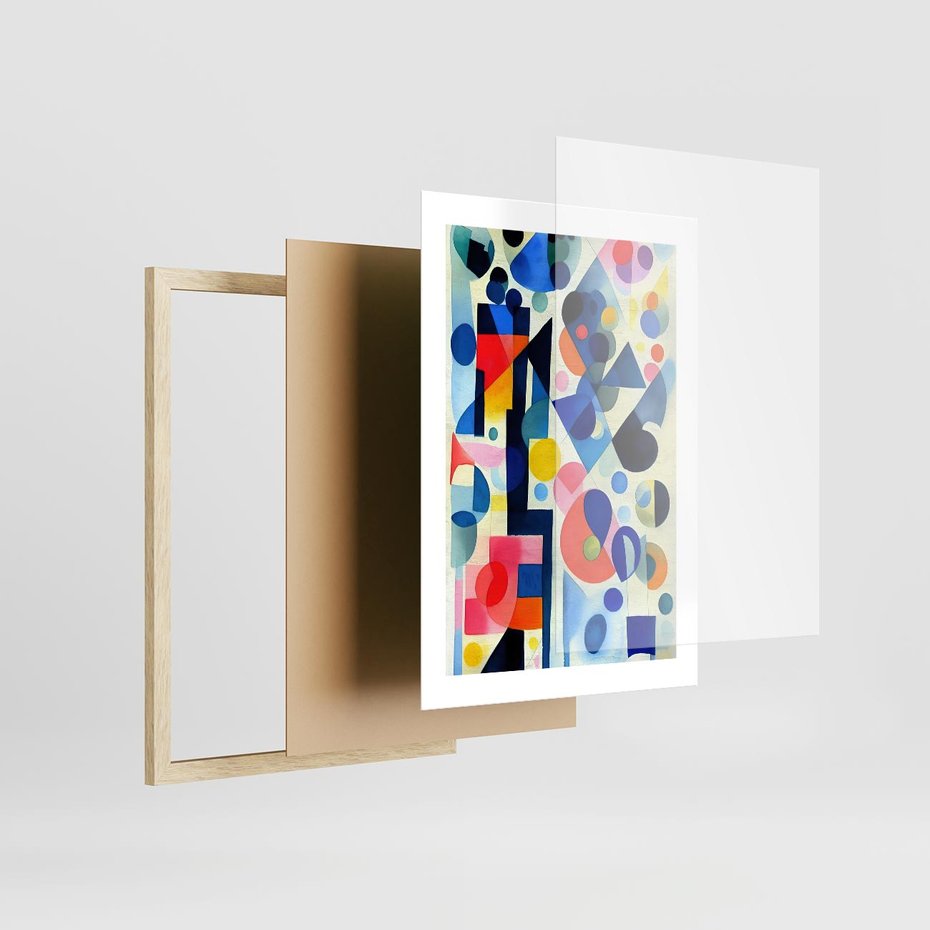 Plakat w ramie 30x40 - Księga Akwarelowych Przeniknięć - abstrakcyjny obraz, różne kolorowe kształty - rama drewno