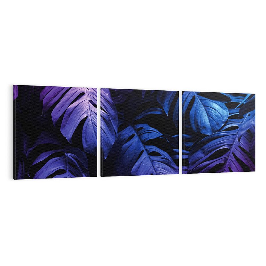 Obraz na płótnie 120x40 - Mroczna Magia Dżungli - mroczna grafika, fioletowe liście monstery na czarnym tle