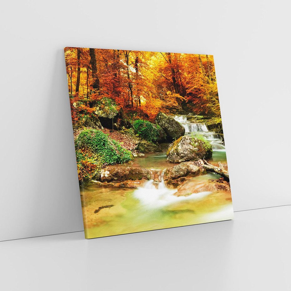 Obraz na płótnie 40x40 - Idylliczny las z bujnym strumykiem - las, drzewa