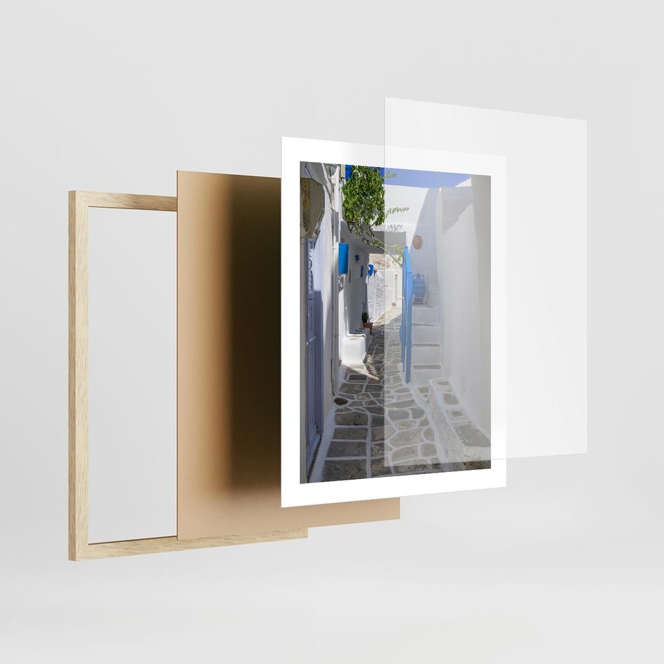 Plakat w ramie 40x50 - Uroki Santorini: Perspektywiczna Uliczka - uliczka, perspektywa - rama drewno