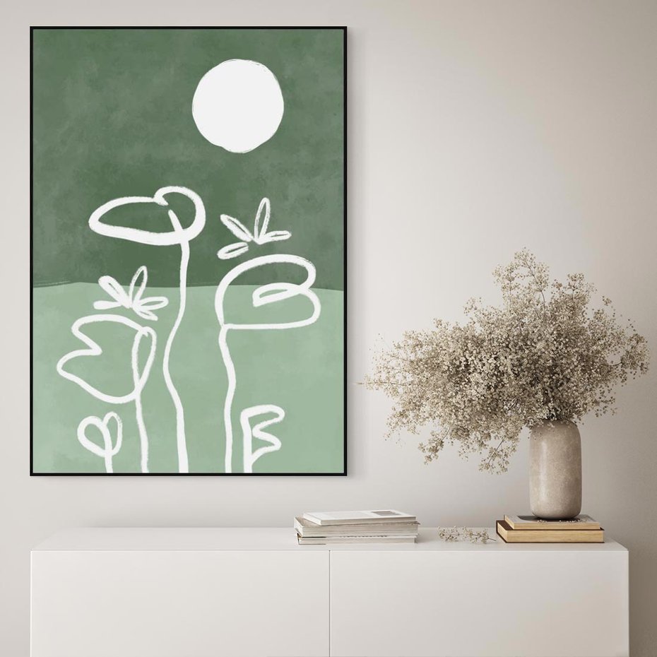 Obraz w ramie 70x100 - Wibracje Naturalnej Równowagi - zielony plakat, roślinne inspiracje - rama czarna