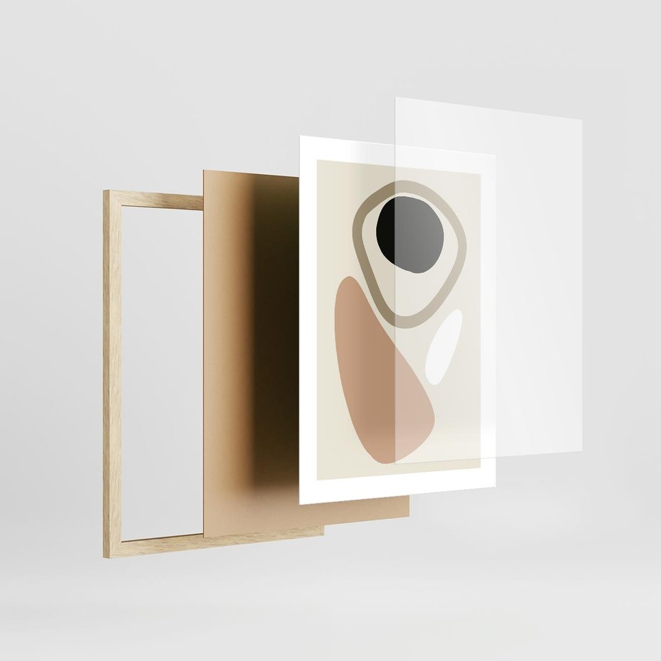 Plakat w ramie 30x40 - Beżowa Synergia - beżowa abstrakcyjna kompozycja, czarny akcent - rama drewno