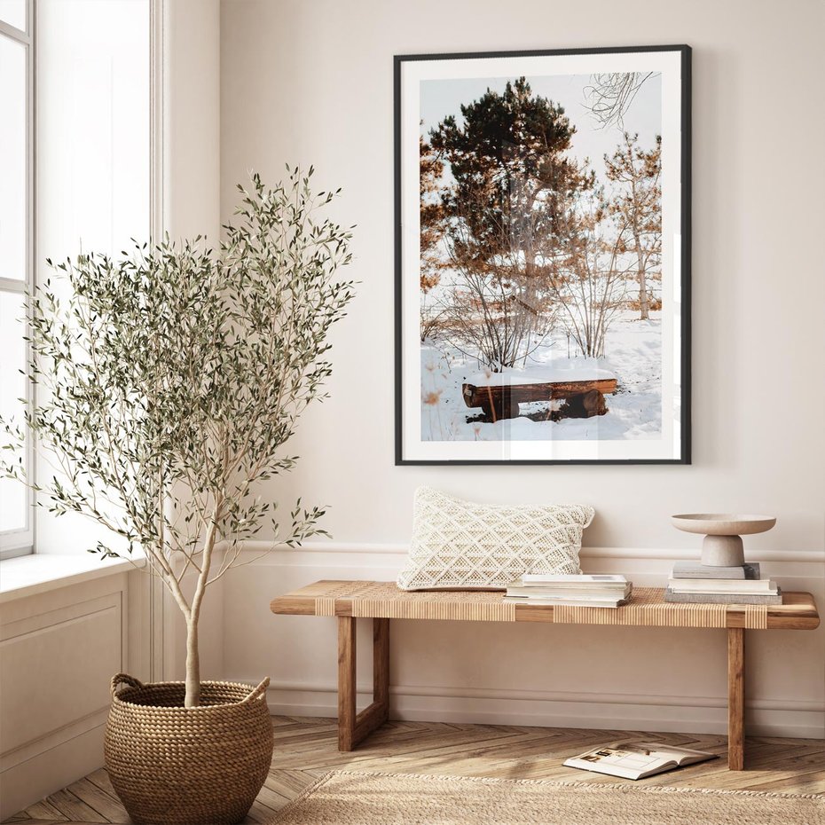 Plakat bez ramy 21x30 - Ławka Pod Śniegiem - zimowy pejzaż, ławka pod śniegiem