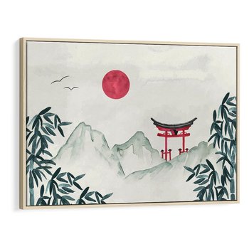 Obraz w ramie 100x70 - Słońce nad Górami - japoński krajobraz, góry - rama drewno