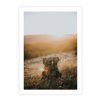 Plakat bez ramy 21x30 - Podróżniczy bukiet na łące - plecak, podróż