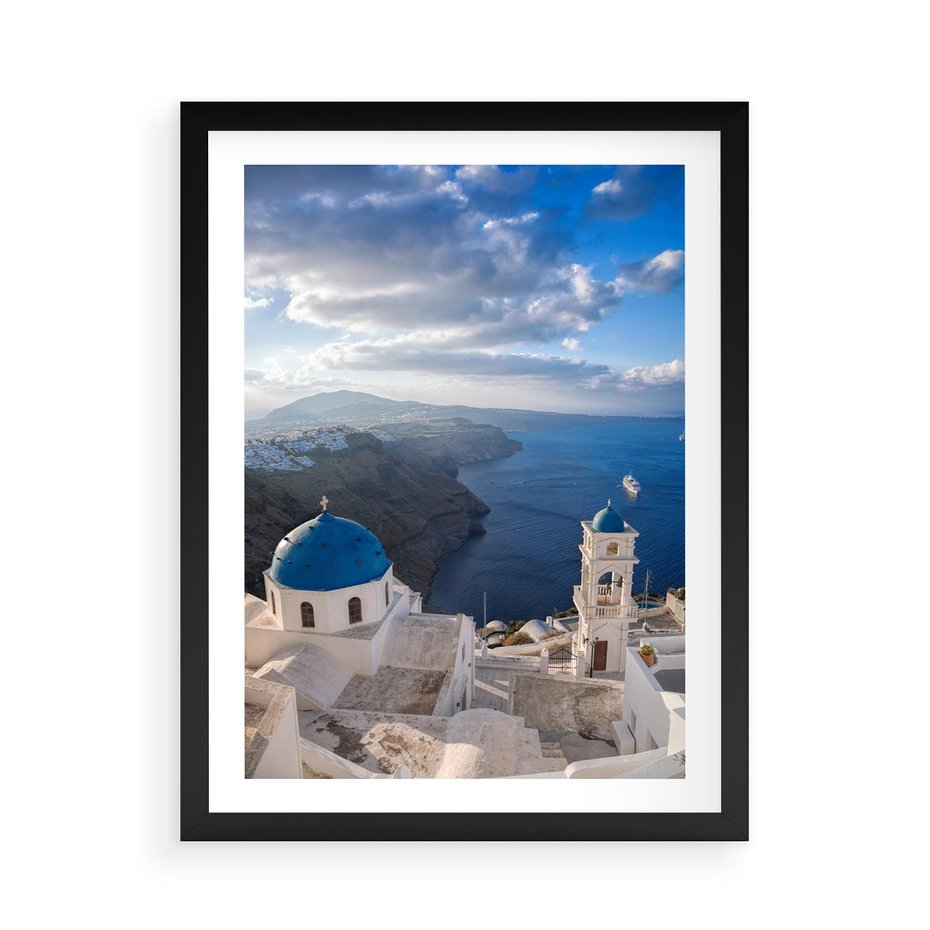 Plakat w ramie 50x70 - Błękitne Przezycia - Santorini, morze - rama czarna