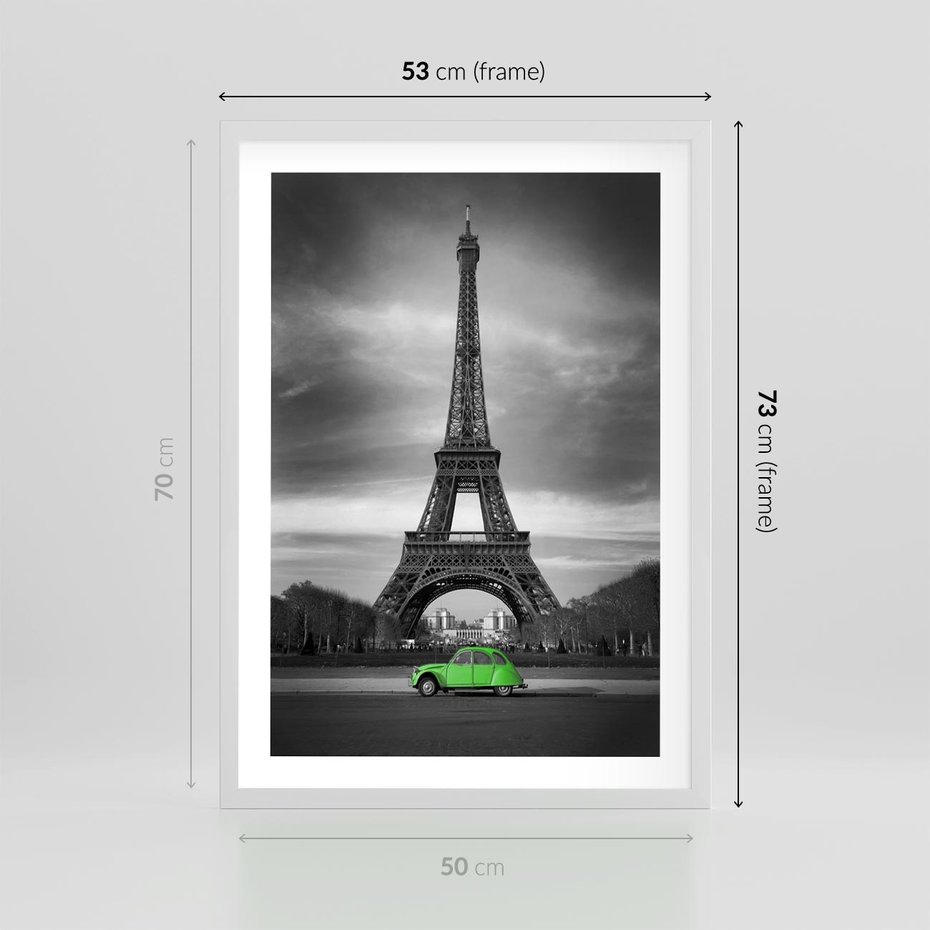 Plakat w ramie 50x70 - Paryskie Romantyczne Spotkanie - Eiffla, samochód - rama biała