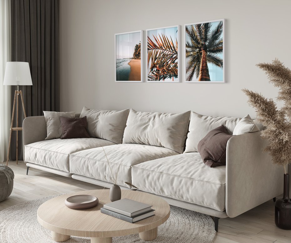 Zestaw obrazy w ramie 50x70 galeria - Zachód, słońca, plaża, morze, palmy - rama biała