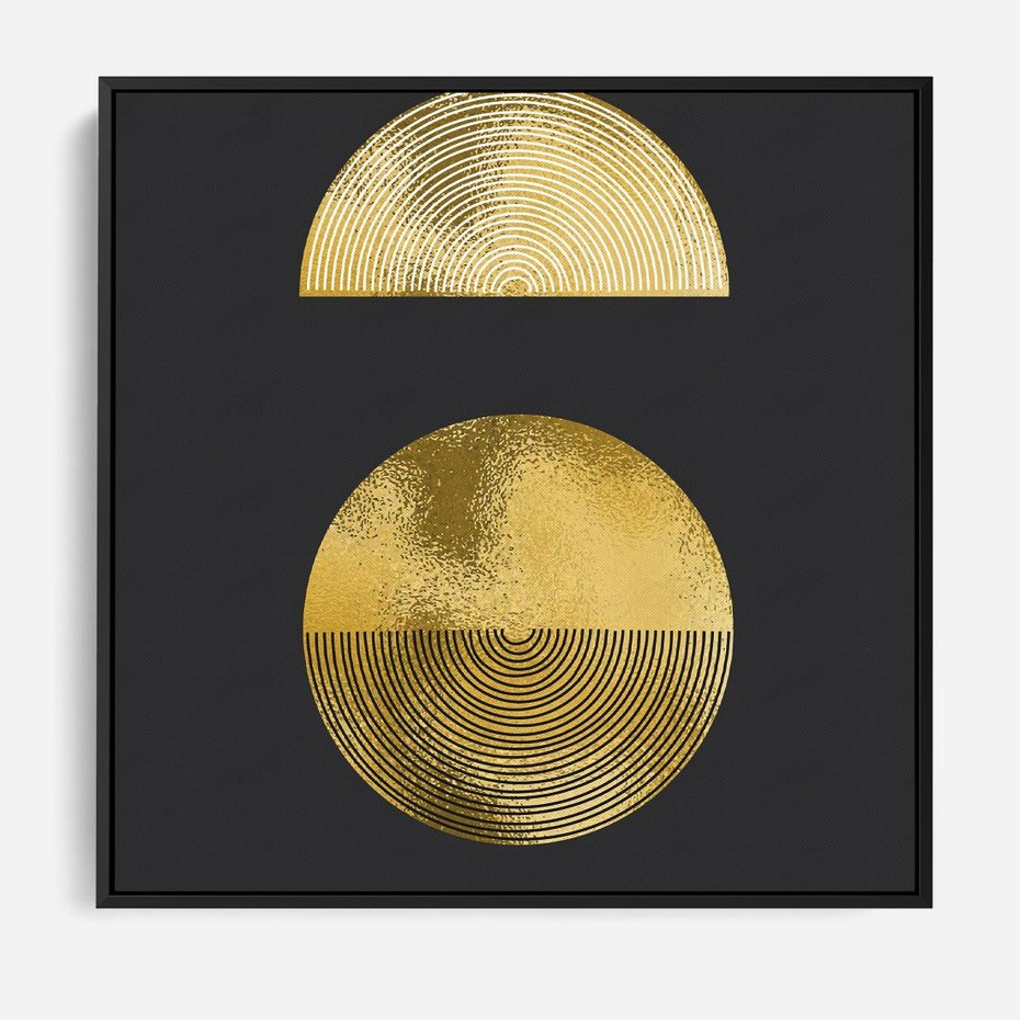 Obraz w ramie 50x50 - Migotliwe Przeniknięcia - złote koła, czarne tło - rama czarna