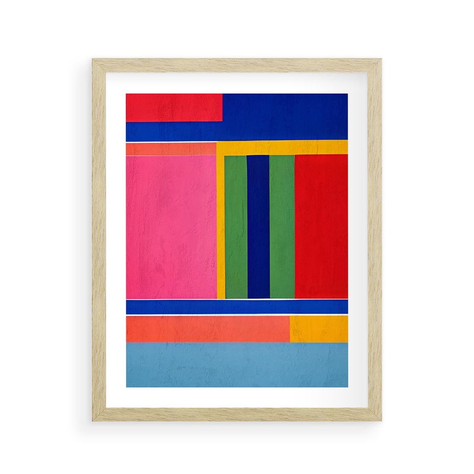 Plakat w ramie 40x50 - Wnętrza Rozplątanych Barw - abstrakcyjny geometryczny obraz olejny, kolorowe pasy - rama drewno